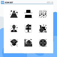 9 Thematic Vector Solid Glyphs and Editable Symbols of game develop heart craft worker Editable Vector Design Elements