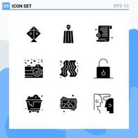 Set of 9 Vector Solid Glyphs on Grid for safety lock camera fast food bacon Editable Vector Design Elements