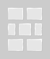 Set of torn white note. Scraps of torn paper of various shapes isolated on gray background. Vector illustration.