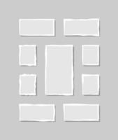 Set of torn white note. Scraps of torn paper of various shapes isolated on gray background. Vector illustration.