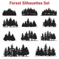 conjunto de siluetas de bosque de pinos, conjunto de bosque de silueta de pino, conjunto de pinos. vector