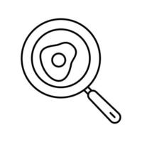 Outline, simple vector frying pan with egg icon isolated on white background.