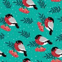 Seamless pattern with red rowan berries and bullfinches. Vector illustration on white background.