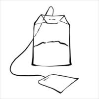 Tea bag with blank labels outline black and white vector ink drawing.