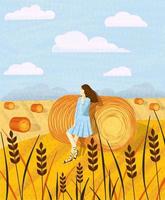Girl in the background landscape with haystacks on fields. Rural area landscape. Hay bales. Illustration with noises. vector