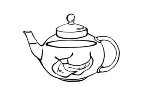 Transparent glass teapot with tea leaves inside. Outline black and white drawing. vector