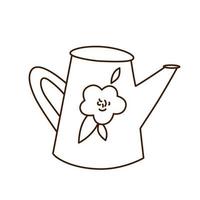 Outlone cartoon watering can with flower doodle vector drawing.