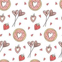 Valentine's day cartoon pink and red color seamless pattern. Doodle candies, donuts, strawberries and hearts. vector