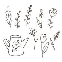 Set of doodle cartoon garden flowers, leaves and watering can drawing. Outline black and white vector illustration,