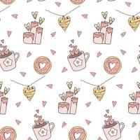 Valentine's day cartoon romantic vector seamless pattern in pink colors. Donut, heart necklace, candles, cup.