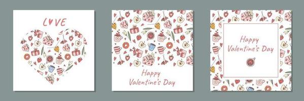 Valentines day greeting card design collection. Square frame, pattern border, heart shape arranged pink color elements on white background. vector