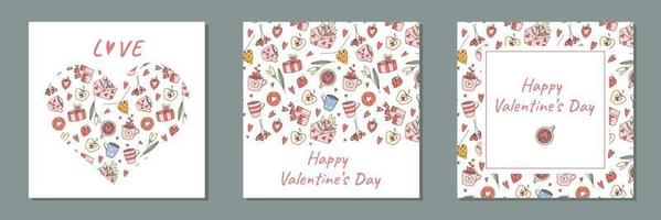 Valentines day greeting card design collection. Square frame, pattern border, heart shape arranged pink color elements on white background. vector