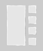 Set of torn white note. Scraps of torn paper of various shapes isolated on gray background. Vector illustration.