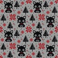 Knitted Christmas and New Year pattern in cats. Wool Knitting Sweater Design. Wallpaper wrapping paper textile print. Eps 10 vector