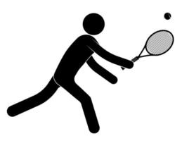figura de hombre palo, jugador de tenis se estira y golpea pelota de tenis con raqueta. deportes activos. estilo de vida saludable. vector