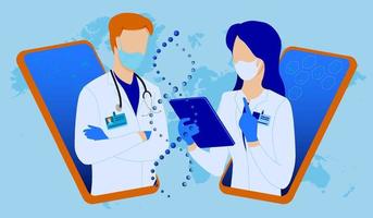 Teamwork online. Medical scientists, doctors in white coats are examining DNA helix. Laboratory scientist is conducting research experiment. Research Institute. Vector
