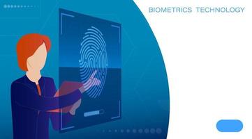 woman scans fingerprint on touch screen. Scanning person fingerprint for mobile identification app. Search devices for scanning data. Vector