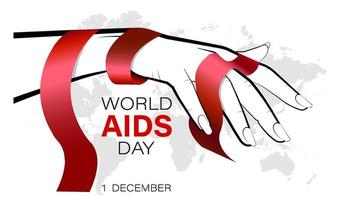 World AIDS Day 1 December. Red ribbon on female hand against background of continents of earth. Poster for World AIDS Day. Vector