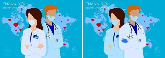 gracias a los médicos y enfermeras por su trabajo a medida que la enfermedad se propaga por todo el mundo. médico y enfermera en el fondo de los continentes de la tierra. concepto, banner web vector