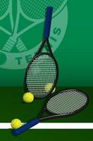 las raquetas de tenis y las pelotas yacen en el césped de la cancha de tenis. equipamiento deportivo e inventario. vector realista