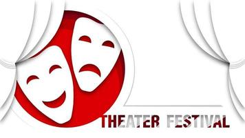 white comedy and tragic theatrical masks on white background in paper cut style. Heatrical premieres, circus poster. Vector