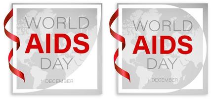 World AIDS Day 1 December. White frame and red ribbon on background of continents of planet. HIV square poster. Vector