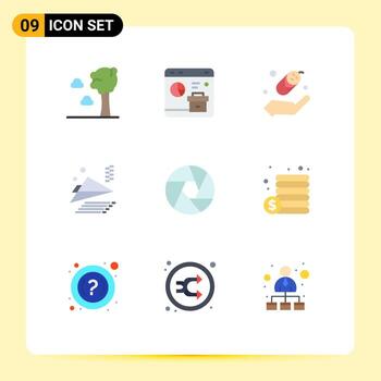 Editable Vector Line Pack of 9 Simple Flat Colors of photo camera child aperture paper plane Editable Vector Design Elements