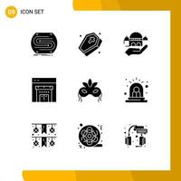 Pack of 9 Modern Solid Glyphs Signs and Symbols for Web Print Media such as costume shopping spooky store donation Editable Vector Design Elements