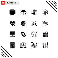 Modern Set of 16 Solid Glyphs and symbols such as info heart summer health globe Editable Vector Design Elements