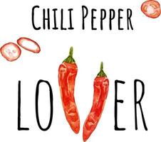 Watercolor red hot chili pepper lover illustration. Kitchen asian spices and herbs set. vector