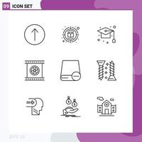 Pack of 9 creative Outlines of computers photographic objective education photographic lenses camera lenses Editable Vector Design Elements