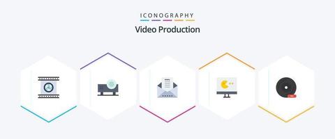 producción de video 25 paquete de iconos planos que incluye video. juego. proyector de diapositivas. sobre de mensaje vector