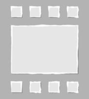 Set of torn white note. Scraps of torn paper of various shapes isolated on gray background. Vector illustration.