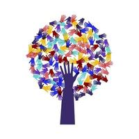 Tree with colorful human hands together. vector