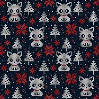 Knitted Christmas and New Year pattern in cats. Wool Knitting Sweater Design. Wallpaper wrapping paper textile print. Eps 10 vector