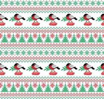 Knitted Christmas and New Year pattern in bullfinch. Wool Knitting Sweater Design. Wallpaper wrapping paper textile print. Eps 10 vector
