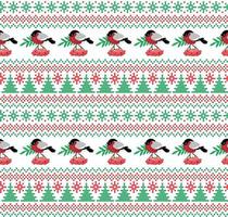 Knitted Christmas and New Year pattern in bullfinch. Wool Knitting Sweater Design. Wallpaper wrapping paper textile print. Eps 10 vector