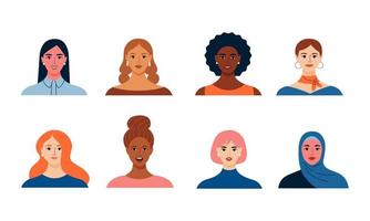 conjunto de avatar de personas sonrientes. colección de personajes de mujeres diferentes. ilustración vectorial plana. vector