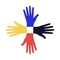 Hands of diverse group of people putting together. Cooperation, togetherness, partnership, agreement, teamwork, vector