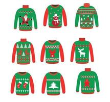 Vector ugly sweaters for Christmas party. Knitted jumpers with winter patterns esp