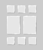 Set of torn white note. Scraps of torn paper of various shapes isolated on gray background. Vector illustration.