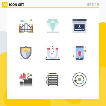 paquete de 9 signos y símbolos modernos de colores planos para medios de impresión web, como motivación de atracción, perfil de seguridad de Internet, elementos de diseño vectorial editables vector