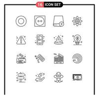 16 User Interface Outline Pack of modern Signs and Symbols of warning error drive internet world Editable Vector Design Elements