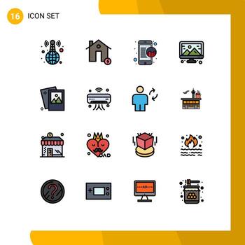 User Interface Pack of 16 Basic Flat Color Filled Lines of gallery computer estate image online data Editable Creative Vector Design Elements