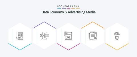 paquete de iconos de 25 líneas de economía de datos y medios publicitarios que incluye trato. convenio. bosquejo. sitio web. video vector