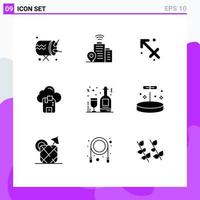 Group of 9 Modern Solid Glyphs Set for bottles alcohol sagittarius server microchip Editable Vector Design Elements