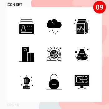 Pack of 9 Modern Solid Glyphs Signs and Symbols for Web Print Media such as structure clock weather building bean Editable Vector Design Elements