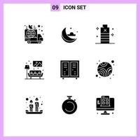 9 Thematic Vector Solid Glyphs and Editable Symbols of activities sofa battery living power Editable Vector Design Elements