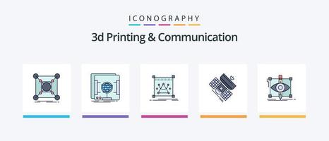 La línea de comunicación e impresión 3d llenó un paquete de 5 íconos que incluye un mapa. GPS. teléfono inteligente software. Procesando. diseño de iconos creativos vector