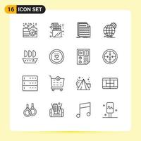 Group of 16 Outlines Signs and Symbols for gear globe binary business document Editable Vector Design Elements